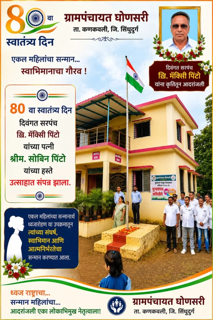 ८०व्या स्वातंत्र्य दिनानिमित्त दिवंगत सरपंच कै. मॅक्सी पिंटो यांच्या पत्नी श्रीमती सोबिन पिंटो यांच्या हस्ते राष्ट्रध्वजाचे ध्वजारोहण करण्यात आले.